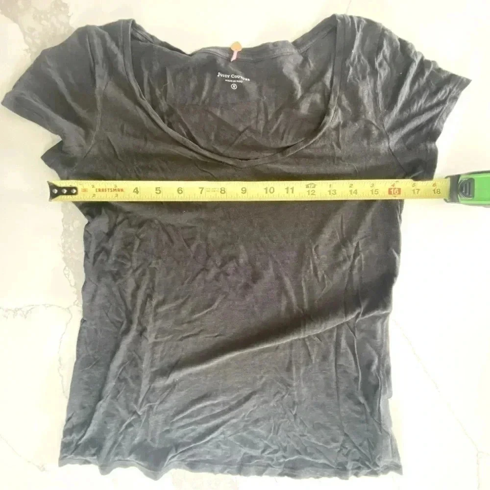 Juicy Couture Women’s Black Cotton Viscose SS Scoop V-Neck Tee‎ Shirt Small EUC